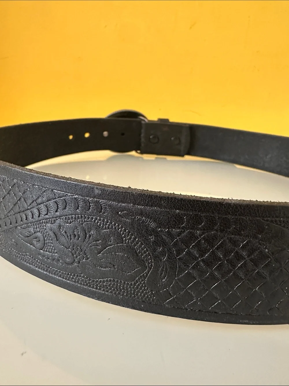 Western Tooled Black Leather Belt with Removable Oval Silver-tone Buckle 34